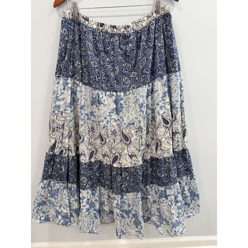 Coldwater Creek XL Blue Paisley Tiered Maxi Skirt 100% Cotton Boho Cottagecore